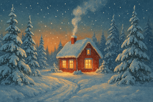 En vacker julstuga i skogen som ger julstämning och julkänsla.