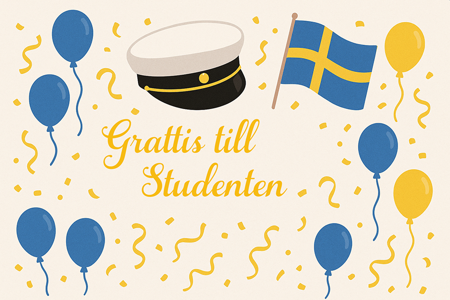 Studenkort med studentmössa, flaggor, ballonger och girlanger