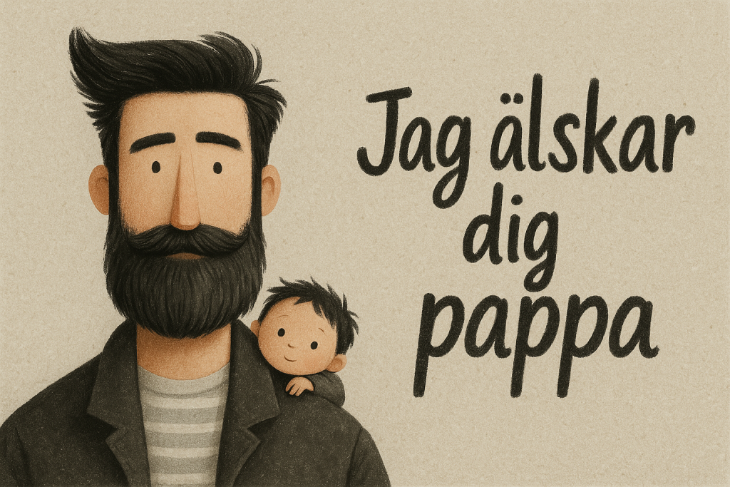 Ett digitalt farsdagskort med en bild på en hipsterpappa och hans pojke med texten jag älskar dig pappa.