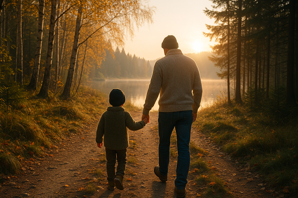 Farsdagskort: Jag och pappa Ett digitalt farsdagskort med en pojke och en pappa på promenad ner mot en sjö.