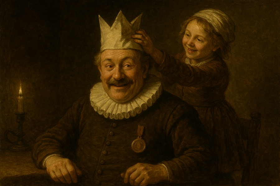Ett digitalt farsdagskort i samma stil som Rembrandt med en flicka som sätter en krona på sin pappa.