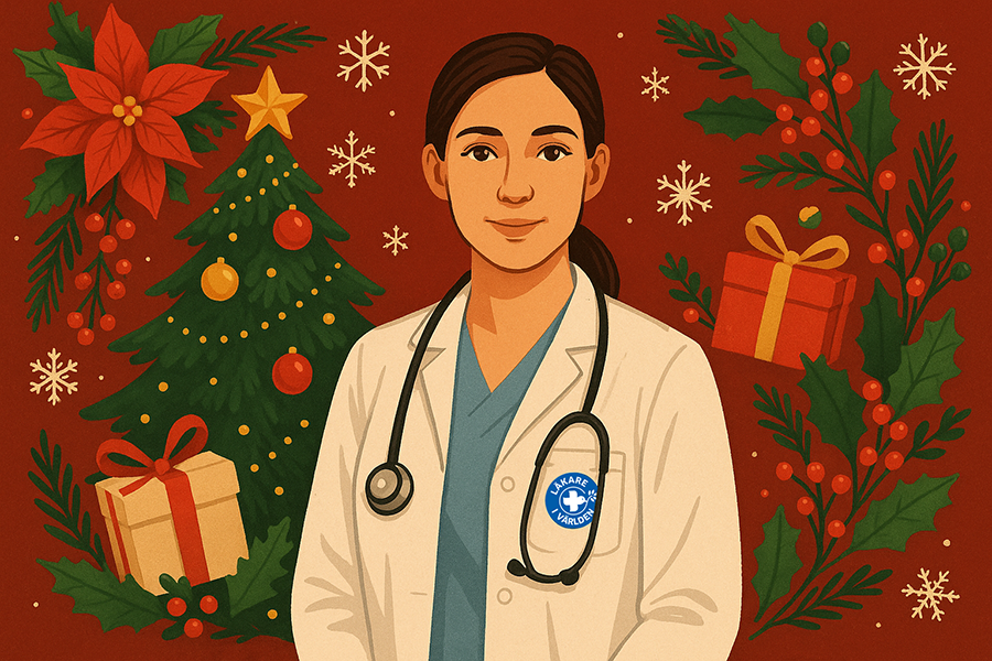 Julkort att skicka till jul med en kvinnlig läkare som är redo att hjälpa patienter.